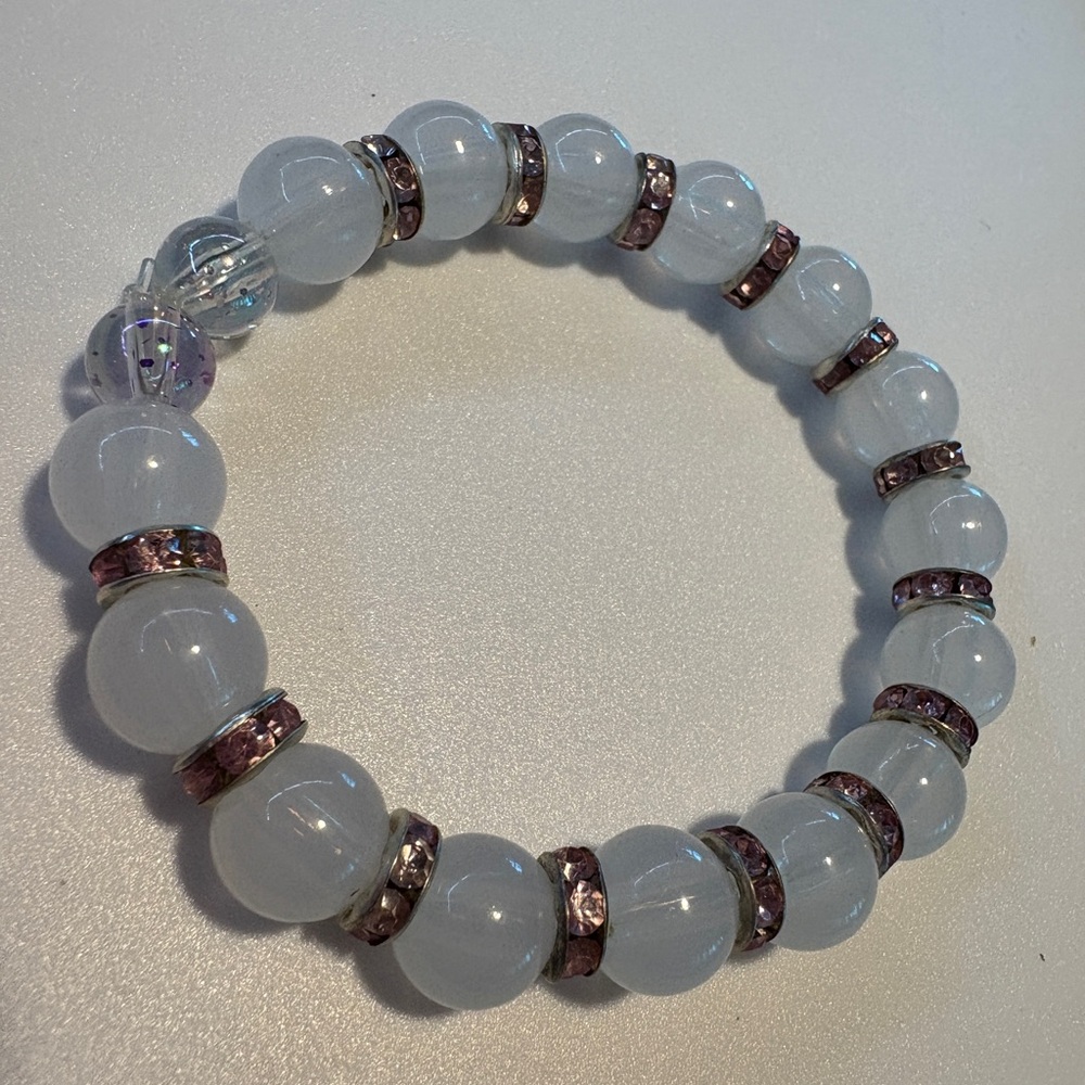 Elegant Handmade White and Purple Beaded Bracelet